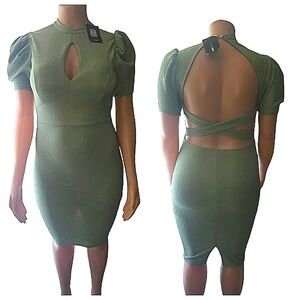 Fashion Nova Sage Green Bodycon Backout Dress w Mandarin Collar, Puff Sleeves L
